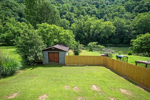 9627 Procious Maysel Rd, Procious, WV 25164 - fenced backyard with a storage unit, a wooded view, and a water view