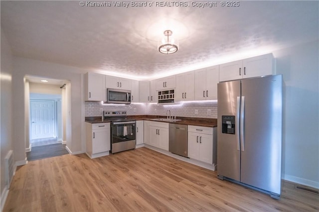 2023 Roxalana Rd, Dunbar, WV 25064 - kitchen featuring appliances with stainless steel finishes, dark countertops, decorative backsplash, and light wood-style floors