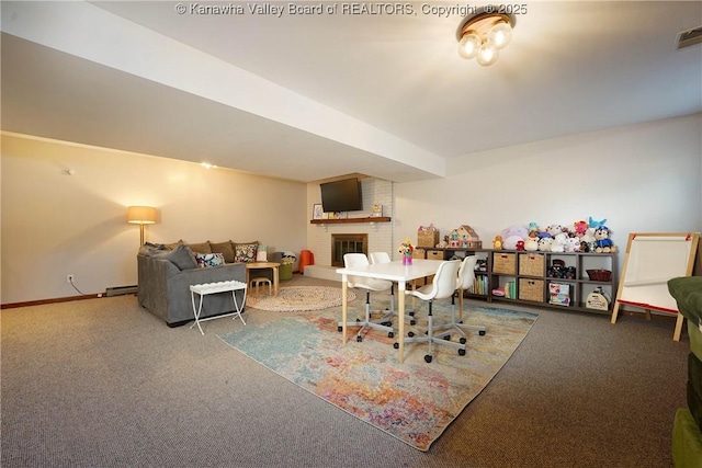 32 Carriage Rd, Charleston, WV 25314 - recreation room with carpet floors and a brick fireplace