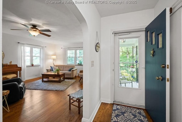 2603 Hollister Dr, Charleston, WV 25302 - entrance foyer featuring wood finished floors, arched walkways, and a ceiling fan