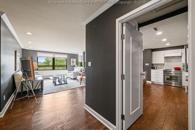 1578 Kanawha Blvd Unit 7C, Charleston, WV 25311 - hallway with ornamental molding, dark wood-type flooring, and recessed lighting