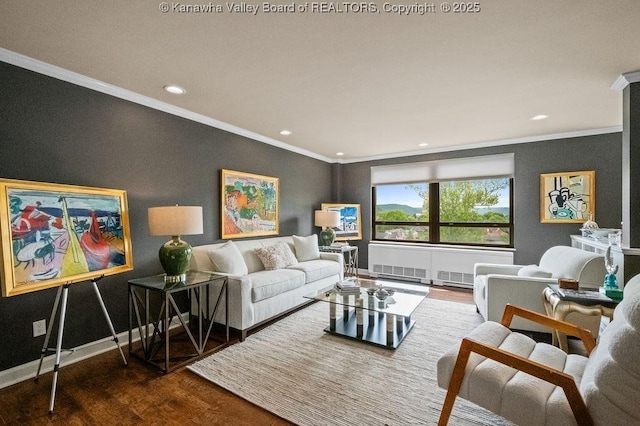 1578 Kanawha Blvd Unit 7C, Charleston, WV 25311 - living area featuring ornamental molding, wood finished floors, and recessed lighting