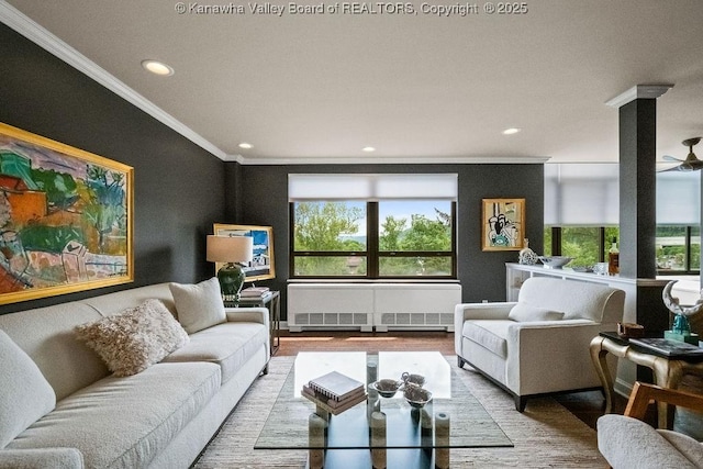 1578 Kanawha Blvd Unit 7C, Charleston, WV 25311 - living area with crown molding, radiator, recessed lighting, wood finished floors, and ornate columns