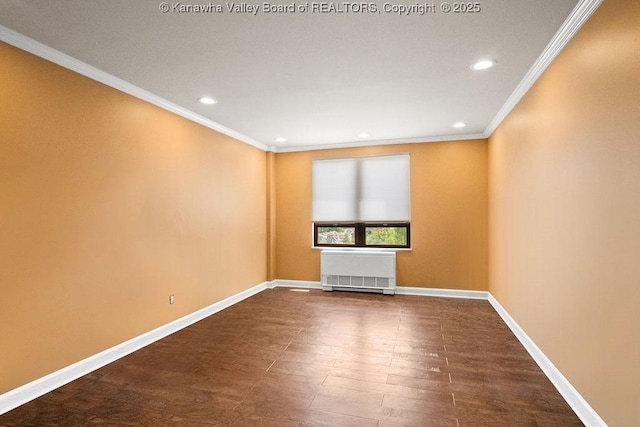1578 Kanawha Blvd Unit 7C, Charleston, WV 25311 - empty room featuring radiator heating unit, ornamental molding, recessed lighting, and dark wood finished floors