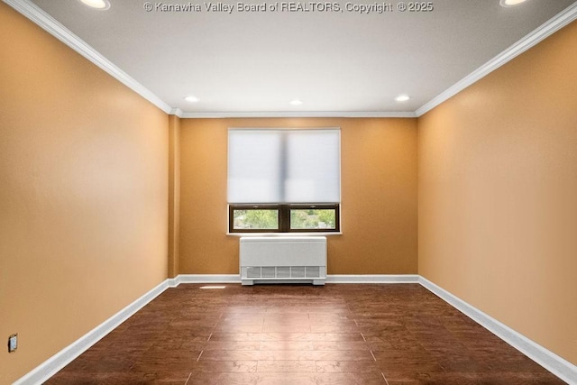 1578 Kanawha Blvd Unit 7C, Charleston, WV 25311 - unfurnished room featuring radiator heating unit, crown molding, dark wood-type flooring, and recessed lighting