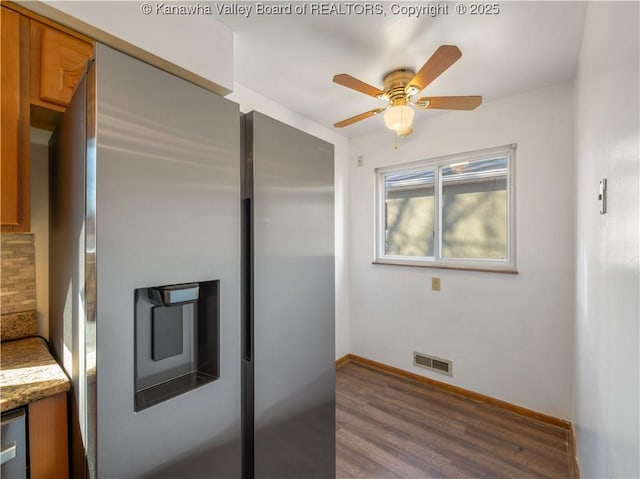 1216 Oakmont Rd, Charleston, WV 25314 - kitchen featuring brown cabinetry, backsplash, stainless steel refrigerator with ice dispenser, and dark wood finished floors