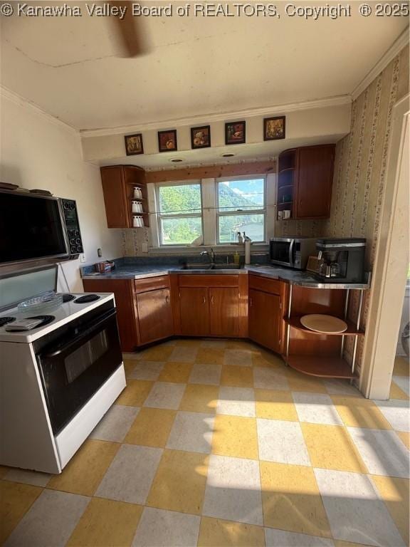 23908 Coal River Rd, Wv, WV 25148 - kitchen with open shelves, electric range, ornamental molding, dark countertops, and brown cabinets
