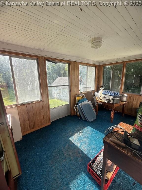 23908 Coal River Rd, Wv, WV 25148 - sunroom featuring carpet floors, wooden ceiling, and wooden walls