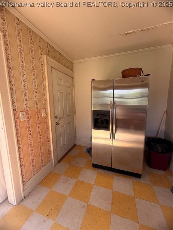 23908 Coal River Rd, Wv, WV 25148 - kitchen with stainless steel fridge with ice dispenser and ornamental molding