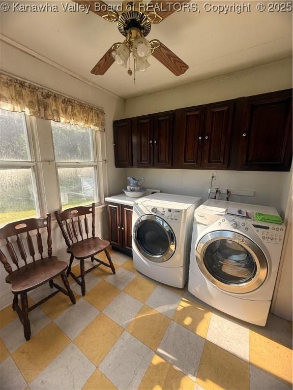 23908 Coal River Rd, Wv, WV 25148 - laundry area featuring cabinet space, washing machine and dryer, and ceiling fan