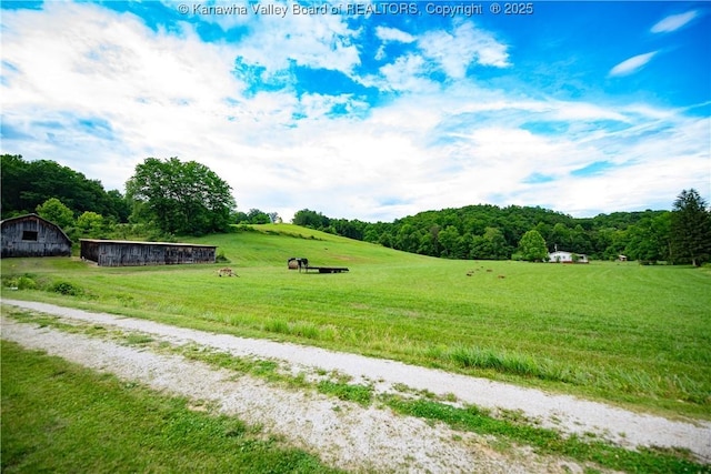 449 Lee Creek Rd, Culloden, WV 25510 - view of grassy yard with an outbuilding, a view of countryside, and a wooded view