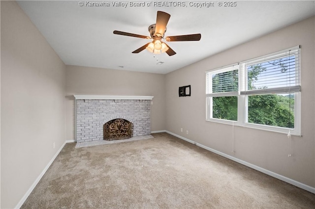 207 Branchfield Dr, Charleston, WV 25314 - unfurnished living room featuring carpet floors, a fireplace, and ceiling fan