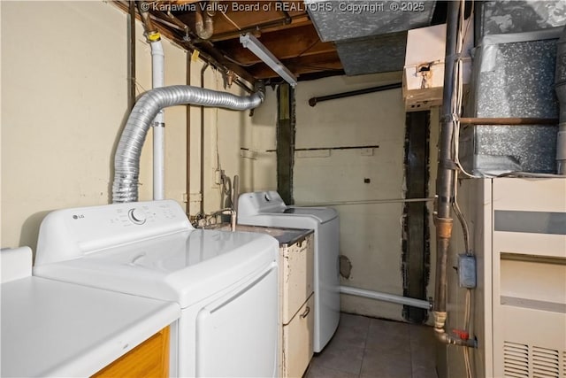 1204 Crown Dr, South Charleston, WV 25309 - laundry room with washer and clothes dryer, heating unit, and tile patterned flooring