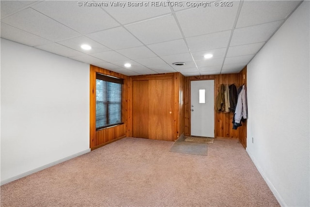 1204 Crown Dr, South Charleston, WV 25309 - foyer entrance with light carpet, recessed lighting, wood walls, and a paneled ceiling