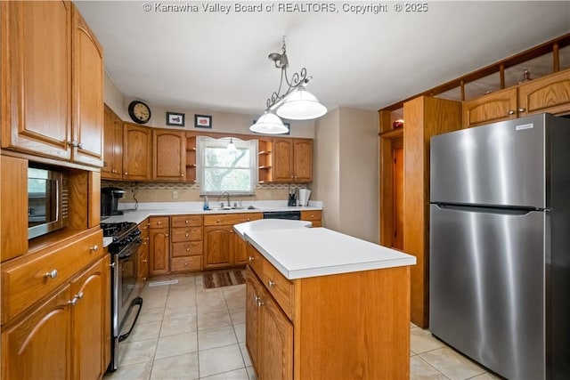 1204 Crown Dr, South Charleston, WV 25309 - kitchen featuring stainless steel appliances, open shelves, a center island, decorative backsplash, and light countertops