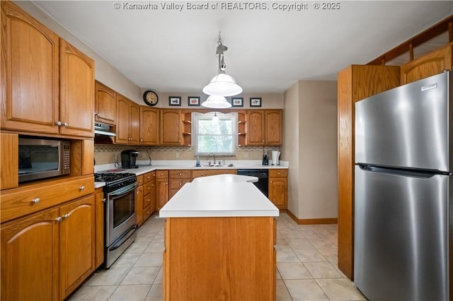 1204 Crown Dr, South Charleston, WV 25309 - kitchen featuring stainless steel appliances, open shelves, ventilation hood, backsplash, and a kitchen island