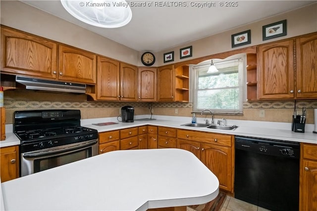 1204 Crown Dr, South Charleston, WV 25309 - kitchen featuring dishwasher, gas range, under cabinet range hood, open shelves, and brown cabinets