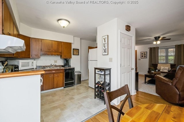 1013 Walnut Rd Unit 4, Charleston, WV 25314 - kitchen with white appliances, under cabinet range hood, brown cabinetry, and open floor plan