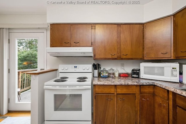 1013 Walnut Rd Unit 4, Charleston, WV 25314 - kitchen with white appliances, under cabinet range hood, and brown cabinets
