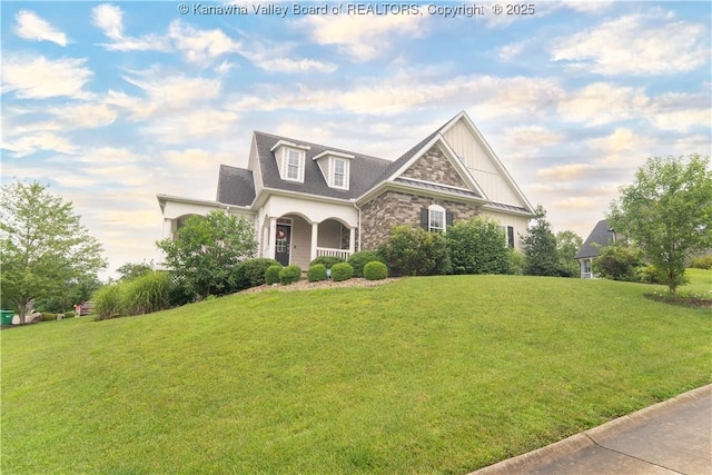 365 Tyler Way, Scott Depot, WV 25560 - view of front of property featuring a front lawn, board and batten siding, stone siding, and a porch