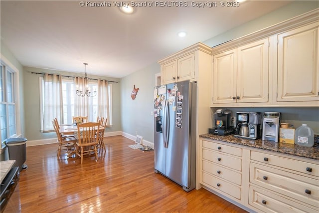 365 Tyler Way, Scott Depot, WV 25560 - kitchen featuring stainless steel fridge with ice dispenser, cream cabinetry, a chandelier, light wood-type flooring, and recessed lighting