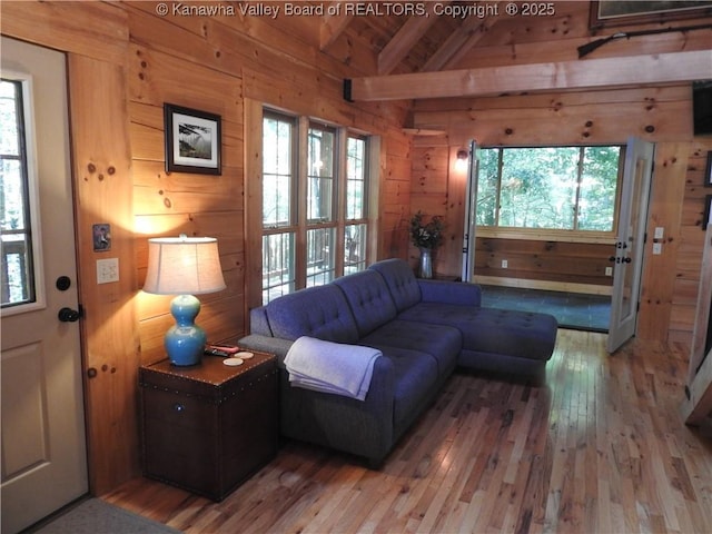 5609 Hurricane Creek Rd, Hurricane, WV 25526 - living area featuring hardwood / wood-style floors, wooden walls, and wooden ceiling