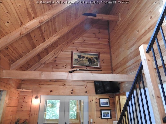 5609 Hurricane Creek Rd, Hurricane, WV 25526 - detailed view of a wooden ceiling with exposed beams, wooden walls, and french doors