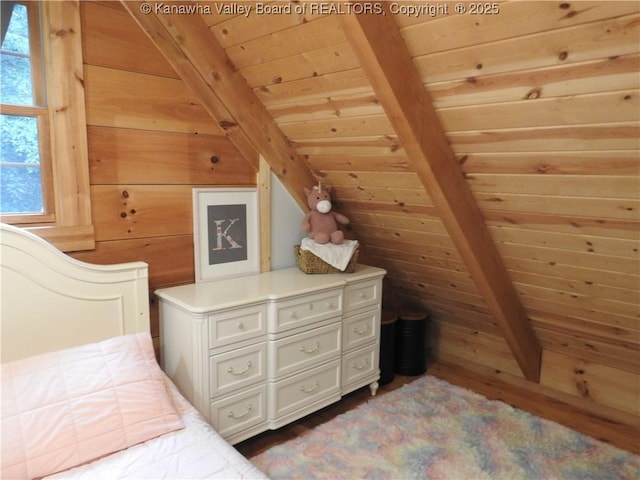 5609 Hurricane Creek Rd, Hurricane, WV 25526 - bedroom featuring wooden ceiling, dark wood finished floors, and wooden walls