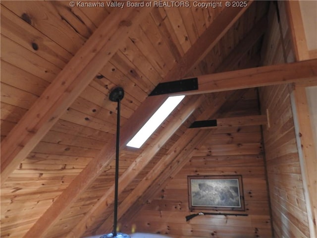 5609 Hurricane Creek Rd, Hurricane, WV 25526 - detailed view of a wood ceiling with exposed beams, a skylight, and wooden walls