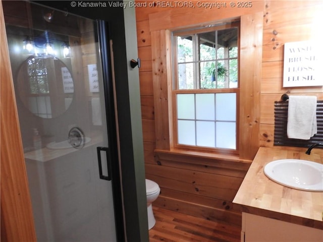 5609 Hurricane Creek Rd, Hurricane, WV 25526 - bathroom with vanity, a shower stall, wooden walls, and wood finished floors