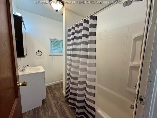 292 Maysel Laurel Ridge Rd, Wv, WV 25133 - bathroom with wood finished floors, vanity, and shower / tub combo with curtain