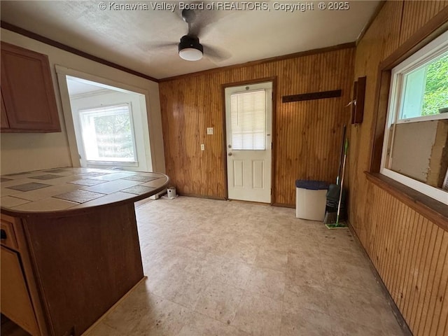 292 Maysel Laurel Ridge Rd, Wv, WV 25133 - kitchen with wooden walls, healthy amount of natural light, ceiling fan, tile countertops, and ornamental molding