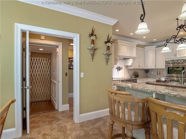 948 Little Coal River Rd, Alum Creek, WV 25003 - kitchen with decorative backsplash, ornamental molding, decorative light fixtures, light stone counters, and white cabinetry