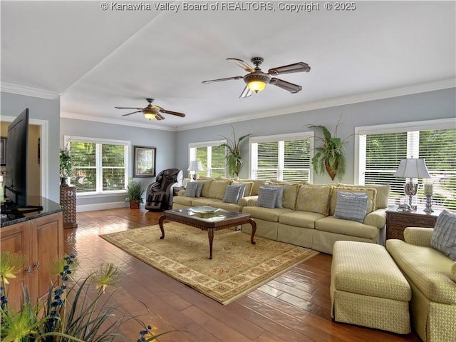 948 Little Coal River Rd, Alum Creek, WV 25003 - living room featuring a ceiling fan, crown molding, and wood-type flooring