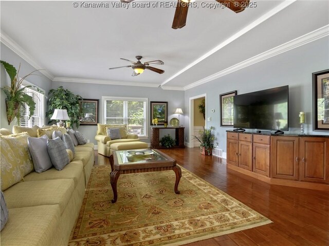 948 Little Coal River Rd, Alum Creek, WV 25003 - living area with a ceiling fan, dark wood-style flooring, and ornamental molding