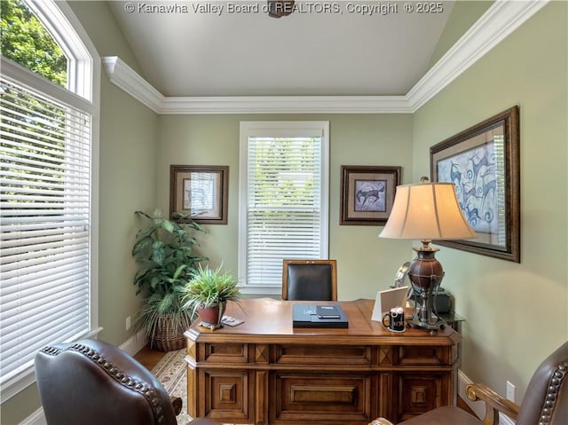 948 Little Coal River Rd, Alum Creek, WV 25003 - office area featuring lofted ceiling, plenty of natural light, and ornamental molding