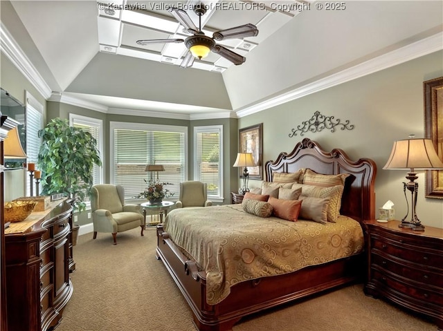 948 Little Coal River Rd, Alum Creek, WV 25003 - bedroom featuring carpet floors, a raised ceiling, crown molding, lofted ceiling, and ceiling fan