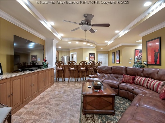 948 Little Coal River Rd, Alum Creek, WV 25003 - living room featuring ornamental molding, a tray ceiling, ceiling fan, and recessed lighting