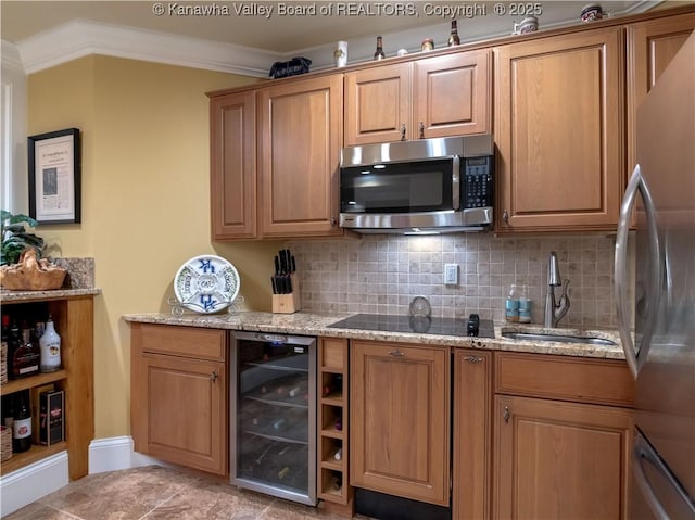 948 Little Coal River Rd, Alum Creek, WV 25003 - kitchen featuring appliances with stainless steel finishes, beverage cooler, ornamental molding, tasteful backsplash, and light stone countertops