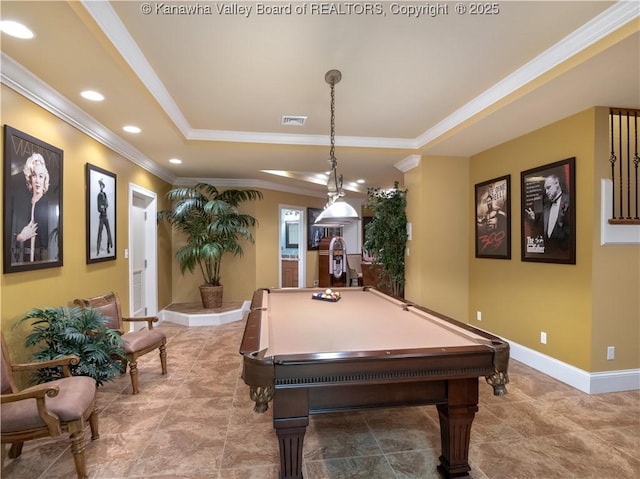 948 Little Coal River Rd, Alum Creek, WV 25003 - rec room featuring a raised ceiling, ornamental molding, recessed lighting, billiards, and tile patterned floors