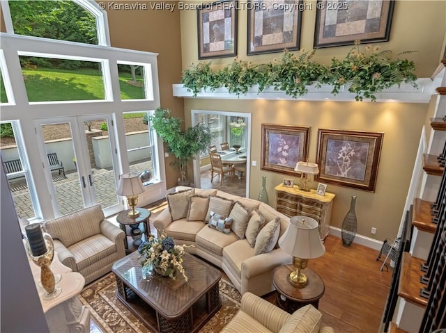 948 Little Coal River Rd, Alum Creek, WV 25003 - living room with wood finished floors, french doors, and a high ceiling