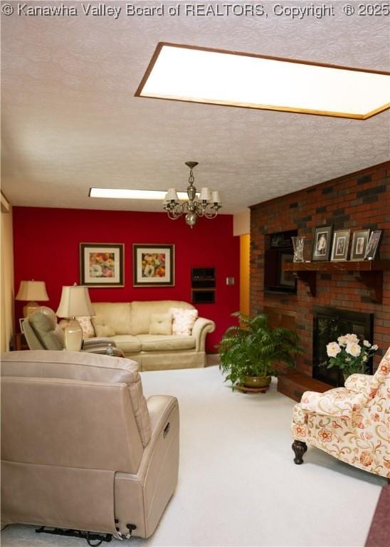 35 Belpac Cir, Logan, WV 25601 - carpeted living room with a chandelier, a fireplace, and a textured ceiling