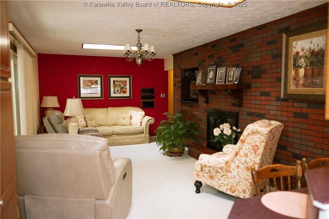 35 Belpac Cir, Logan, WV 25601 - living room with a fireplace, a chandelier, brick wall, and a textured ceiling