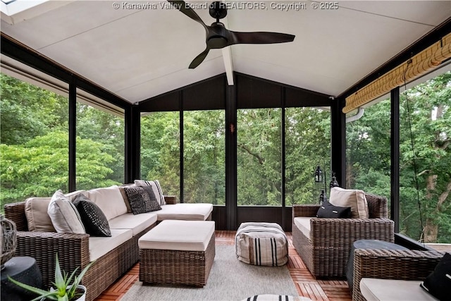 137 Summit Ridge Rd, Hurricane, WV 25526 - sunroom / solarium featuring a ceiling fan, an outdoor hangout area, and lofted ceiling