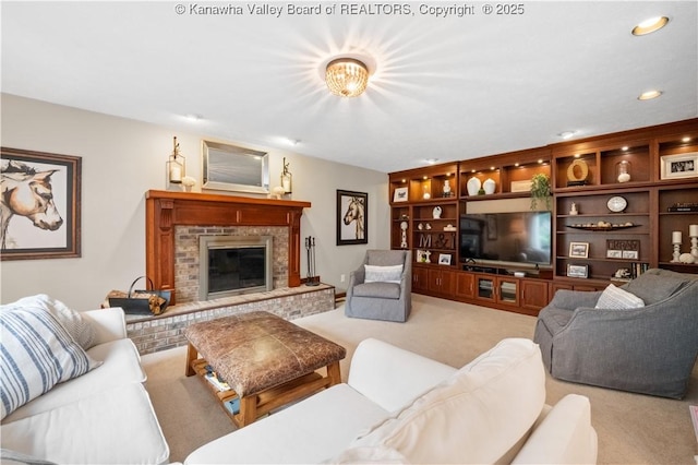 137 Summit Ridge Rd, Hurricane, WV 25526 - carpeted living room with a brick fireplace and recessed lighting