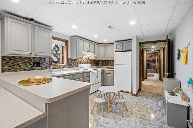 137 Summit Ridge Rd, Hurricane, WV 25526 - kitchen featuring white appliances, gray cabinetry, backsplash, a peninsula, and under cabinet range hood