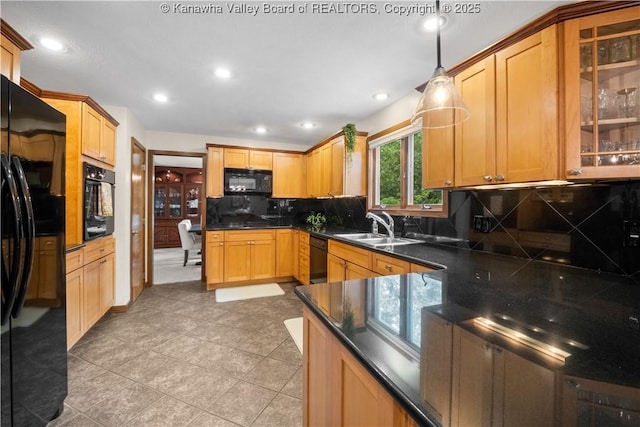 137 Summit Ridge Rd, Hurricane, WV 25526 - kitchen with black appliances, backsplash, hanging light fixtures, glass insert cabinets, and recessed lighting