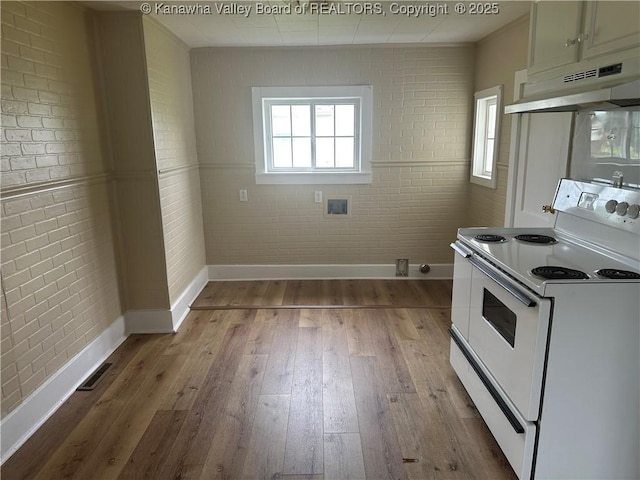 2309 Jefferson Ave, Point Pleasant, WV 25550 - kitchen featuring white range with electric cooktop, under cabinet range hood, wood-type flooring, and brick wall