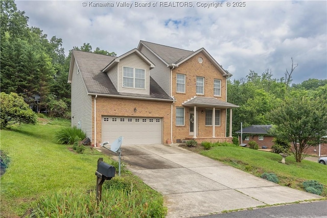 705 Christian Dr, Charleston, WV 25314 - traditional-style home featuring brick siding, a garage, concrete driveway, and a front lawn