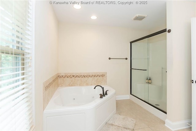 705 Christian Dr, Charleston, WV 25314 - full bath featuring a jetted tub, a shower stall, tile patterned floors, and recessed lighting